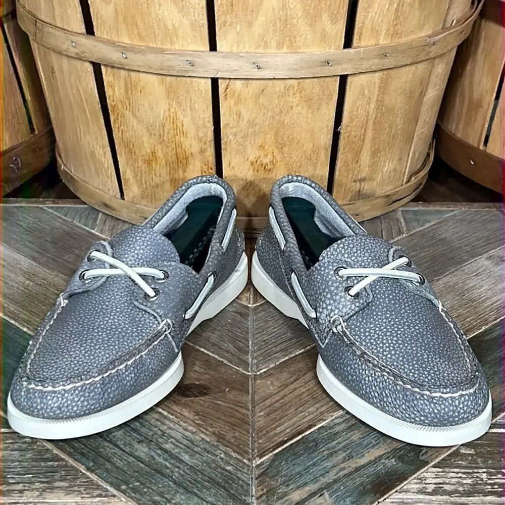 Sperry A/O 2-Eye Washed Flecked Pebbled Gray Red Leather Boat Shoes Mens Size 7